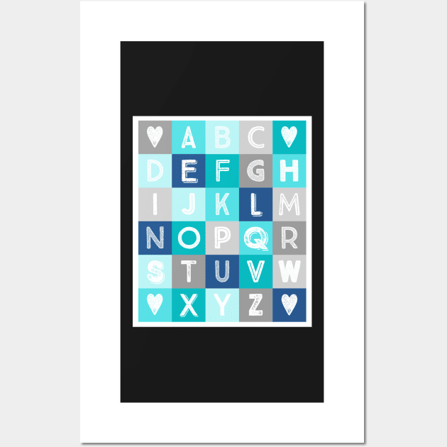 Blue Teal Grey Alphabet art decor pattern Wall Art by dreamingmind